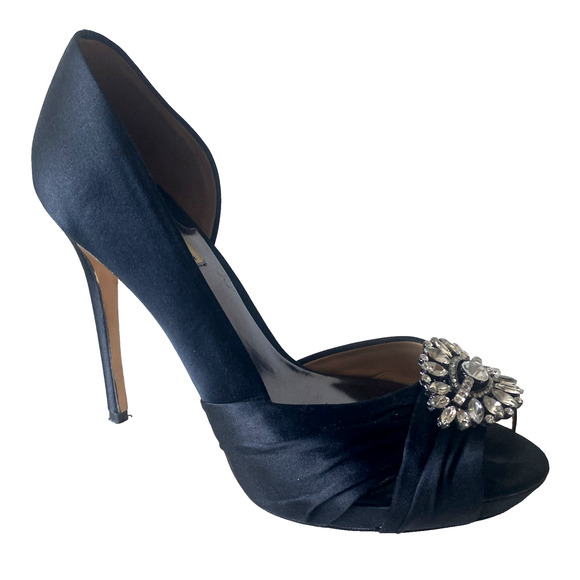 Badgley Mischka Shoes - Badgley Mischka D'Orsay Pump Platform Black Satin Peep Toe Embellished Crystal 8
